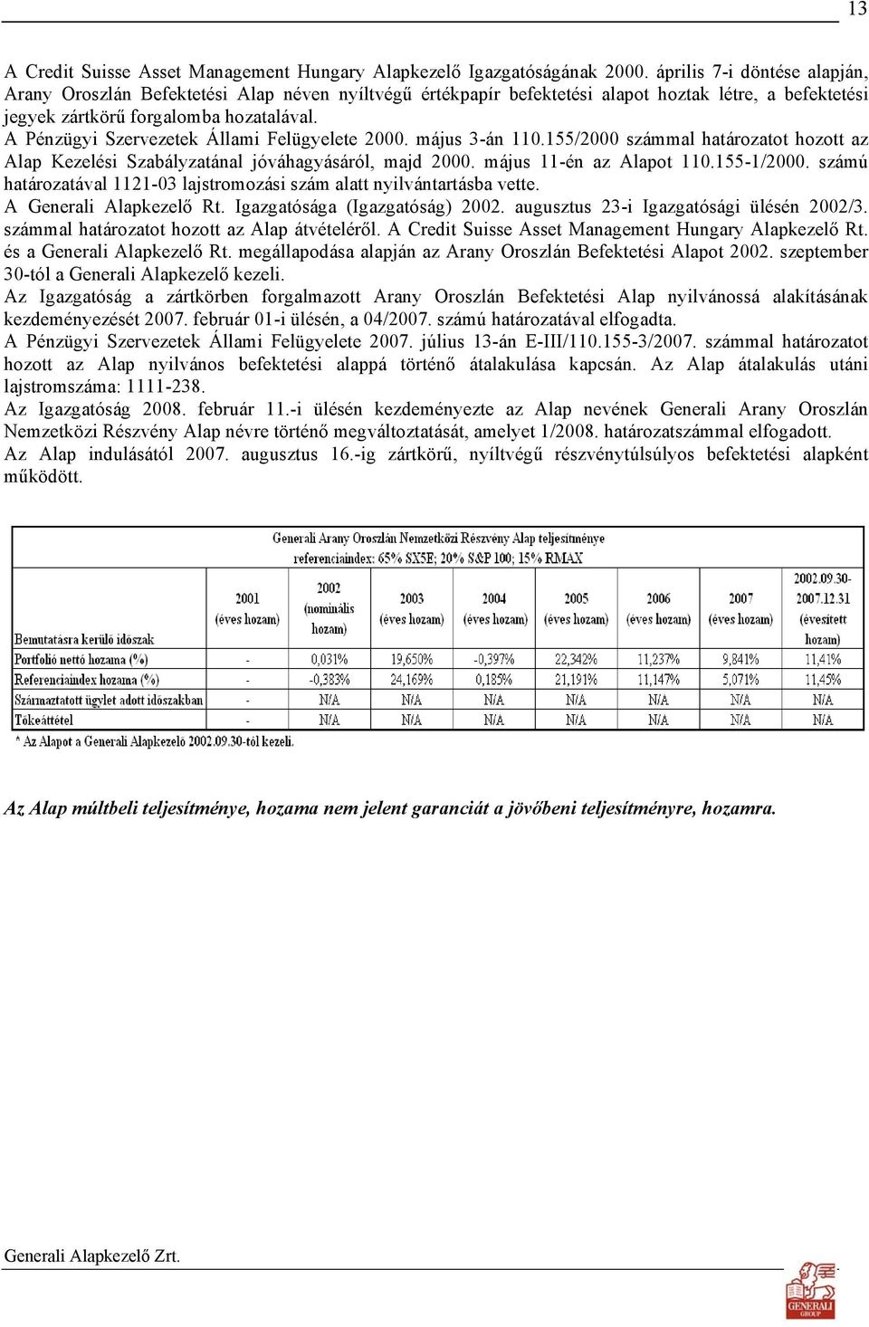 A Pénzügyi Szervezetek Állami Felügyelete 2000. május 3-án 110.155/2000 számmal határozatot hozott az Alap Kezelési Szabályzatánal jóváhagyásáról, majd 2000. május 11-én az Alapot 110.155-1/2000.