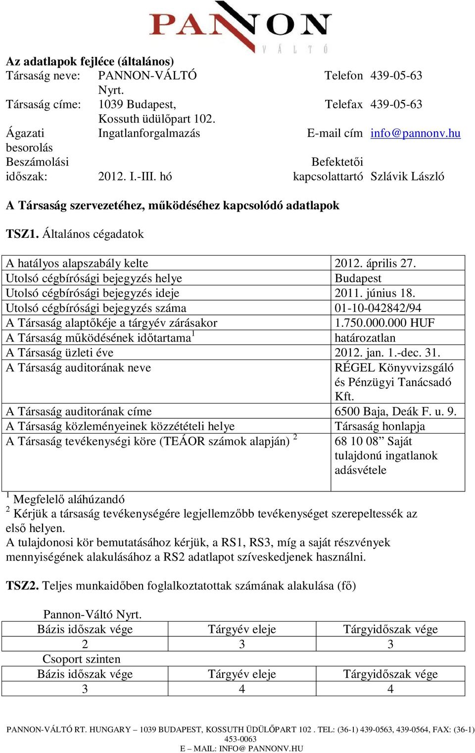 Általános cégadatok A hatályos alapszabály kelte 2012. április 27. Utolsó cégbírósági bejegyzés helye Budapest Utolsó cégbírósági bejegyzés ideje 2011. június 18.