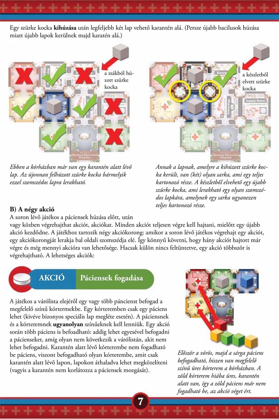 A készletből elvehető egy újabb szürke kocka, ami lerakható egy olyan szomszédos lapkára, amelynek egy sarka ugyanezen teljes kartonozó része. Ebben a kórházban már van egy karantén alatt lévő lap.
