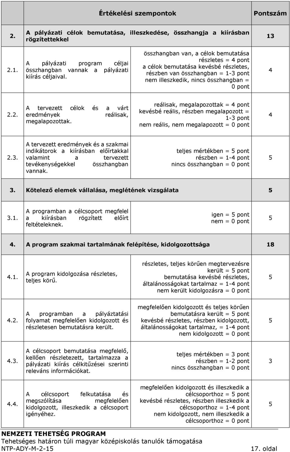 2. A tervezett célok és a várt eredmények reálisak, megalapozottak. reálisak, megalapozottak = 4 pont kevésbé reális, részben megalapozott = 1-3 