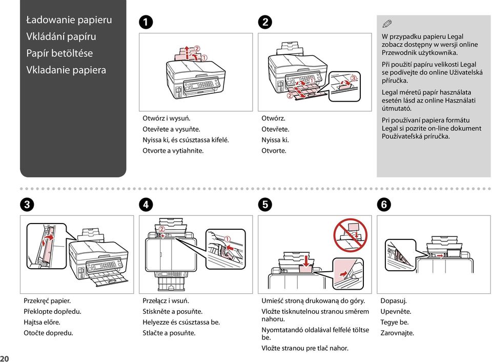 a vytiahnite. twórz. tevřete. Nyissa ki. tvorte. Legal méretű papír használata esetén lásd az online Használati útmutató.