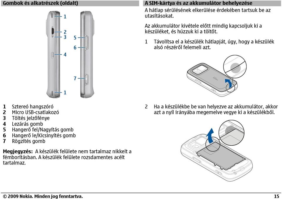 1 Sztereó hangszóró 2 Micro USB-csatlakozó 3 Töltés jelzőfénye 4 Lezárás gomb 5 Hangerő fel/nagyítás gomb 6 Hangerő le/kicsinyítés gomb 7 Rögzítés gomb 2 Ha a készülékbe be