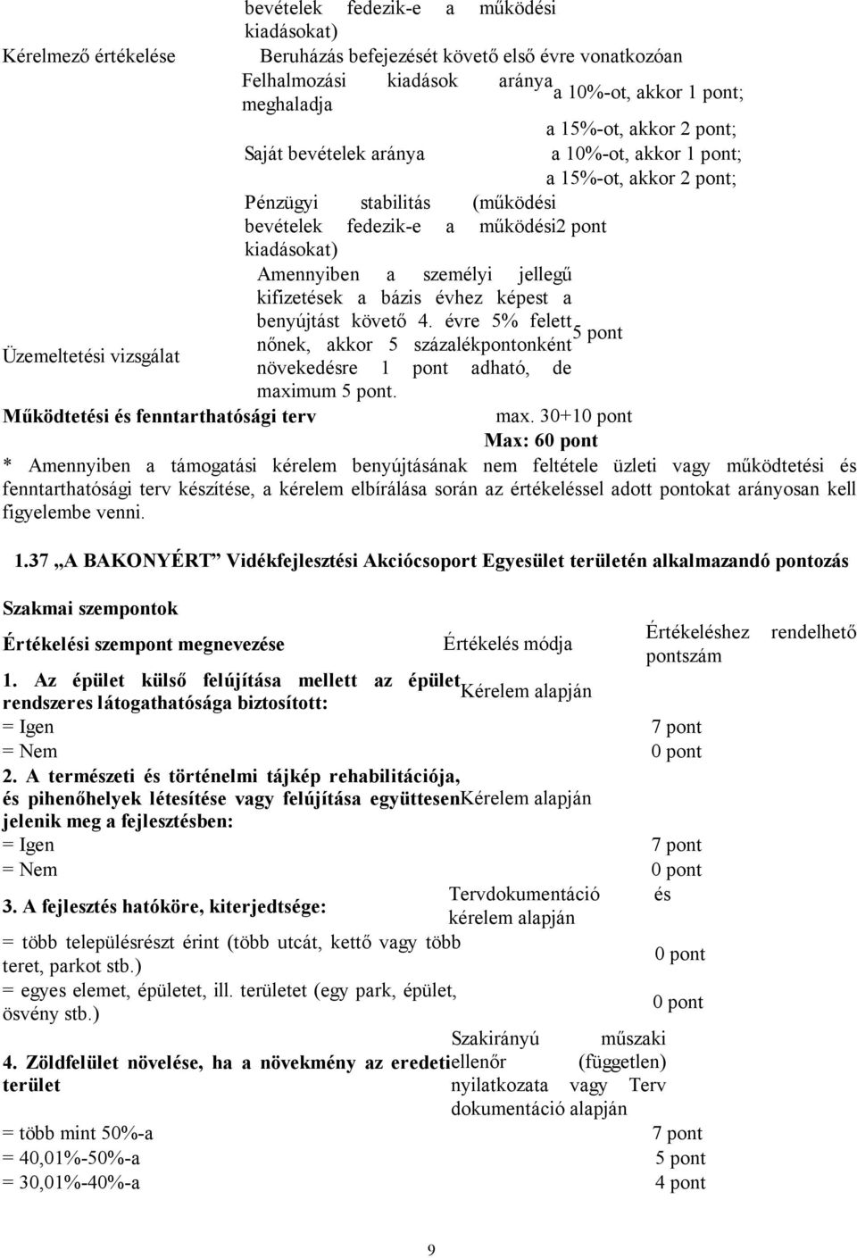 bázis évhez képest a benyújtást követő 4. évre 5% felett nőnek, akkor 5 százalékpontonként Üzemeltetési vizsgálat növekedésre 1 pont adható, de maximum. Működtetési és fenntarthatósági terv max.