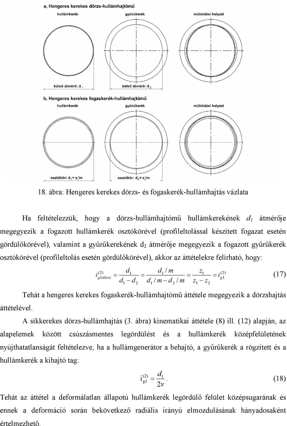 áttételekre felírható, hogy: d d / m z = i (7) () i gdörzs = = = d d d / m d / m z z Tehát a hengeres kerekes fogaskerék-hullámhajtómű áttétele megegyezik a dörzshajtás áttételével.