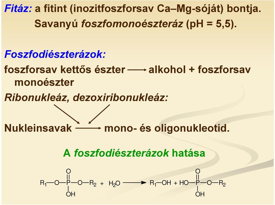 Foszfodiészterázok: foszforsav kettős észter alkohol + foszforsav