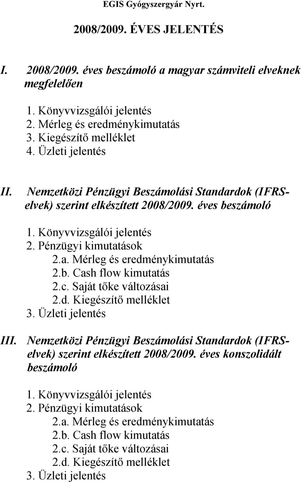 b. Cash flow kimutatás 2.c. Saját tőke változásai 2.d. Kiegészítő melléklet 3. Üzleti jelentés III. Nemzetközi Pénzügyi Beszámolási Standardok (IFRSelvek) szerint elkészített 2008/2009.