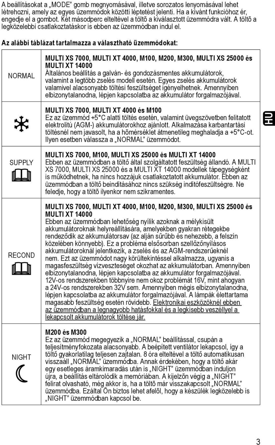 Az alábbi táblázat tartalmazza a választható üzemmódokat: NORMAL MULTI XS 7000, MULTI XT 4000, M100, M200, M300, MULTI XS 25000 és MULTI XT 14000 Általános beállítás a galván- és gondozásmentes