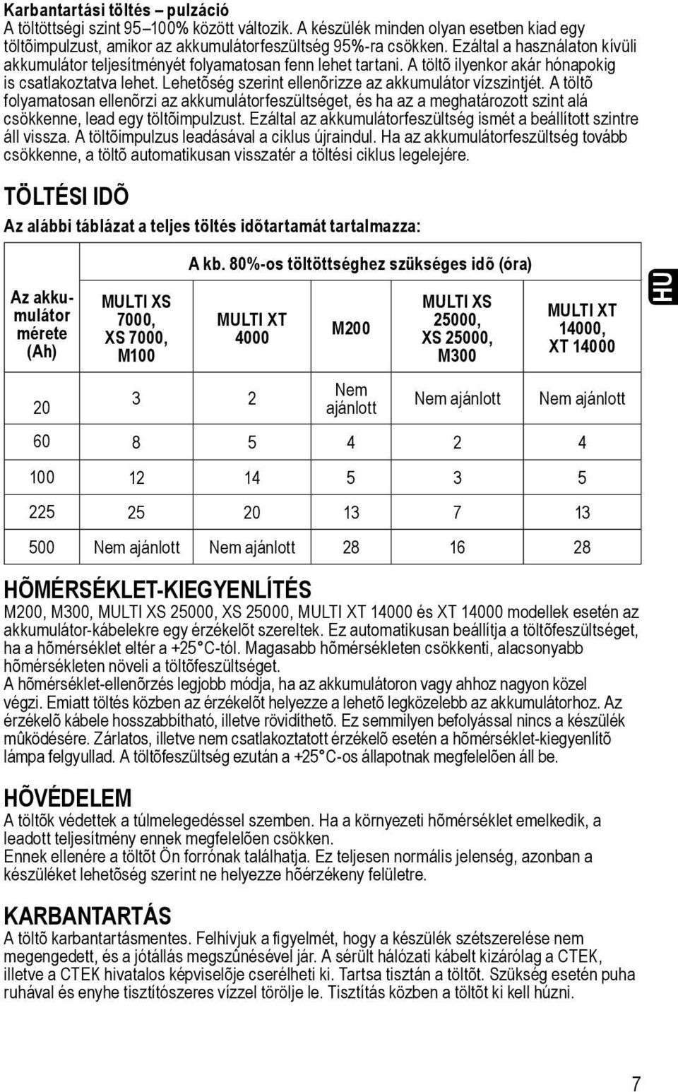 Lehetõség szerint ellenõrizze az akkumulátor vízszintjét. A töltõ folyamatosan ellenõrzi az akkumulátorfeszültséget, és ha az a meghatározott szint alá csökkenne, lead egy töltõimpulzust.