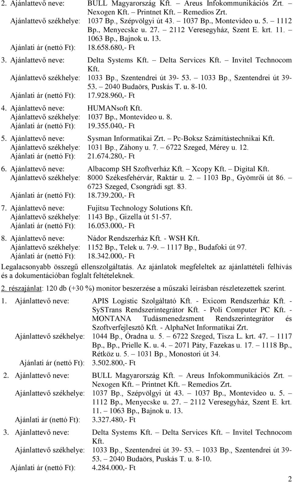 Invitel Technocom Kft. Ajánlattevő székhelye: 1033 Bp., Szentendrei út 39-53. 1033 Bp., Szentendrei út 39-53. 2040 Budaörs, Puskás T. u. 8-10. Ajánlati ár (nettó Ft): 17.928.960,- Ft 4.