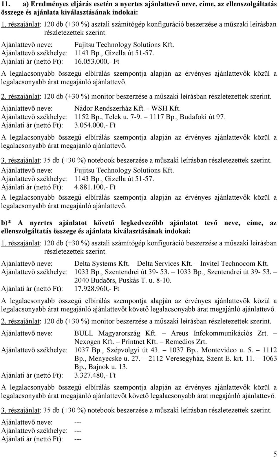 000,- Ft legalacsonyabb árat megajánló ajánlattevő. Ajánlattevő neve: Fujitsu Technology Solutions Kft. Ajánlati ár (nettó Ft): 4.881.100,- Ft legalacsonyabb árat megajánló ajánlattevő.