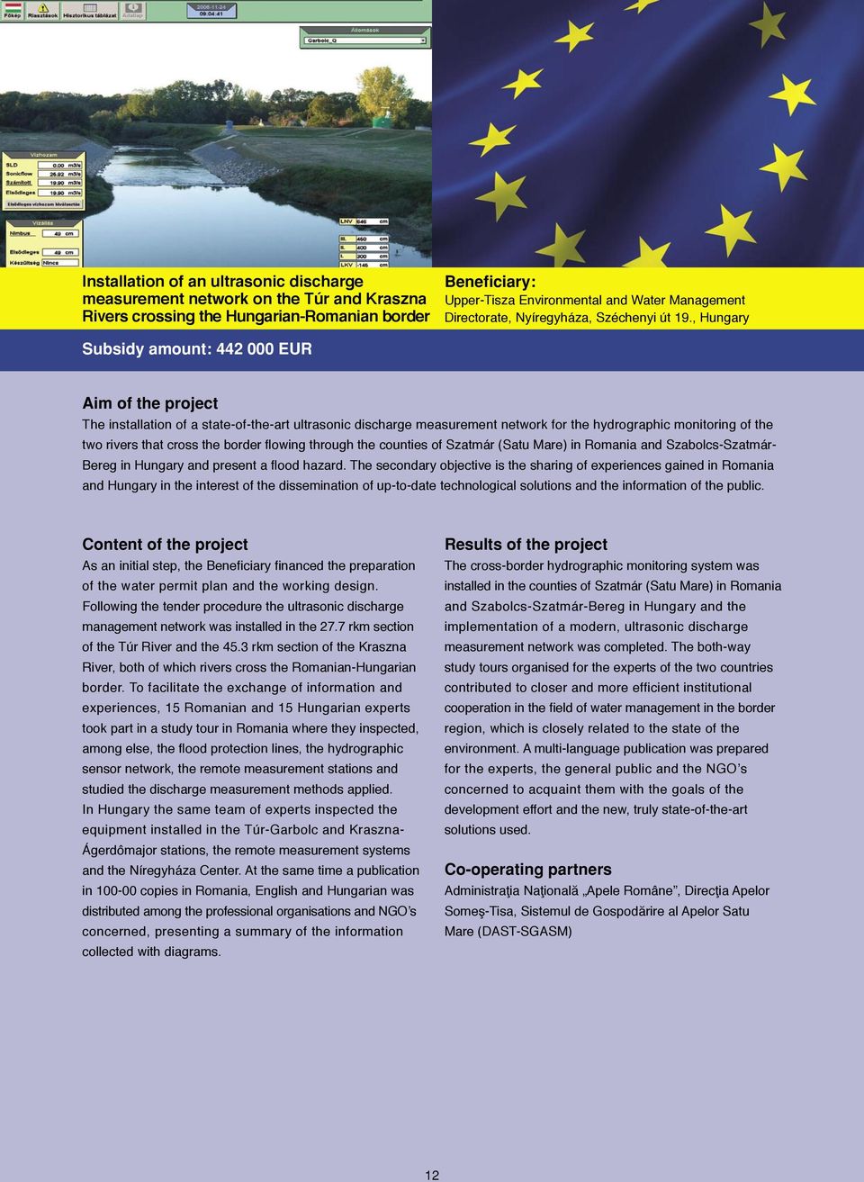 , Hungary Subsidy amount: 442 000 EUR Aim of the project The installation of a state-of-the-art ultrasonic discharge measurement network for the hydrographic monitoring of the two rivers that cross