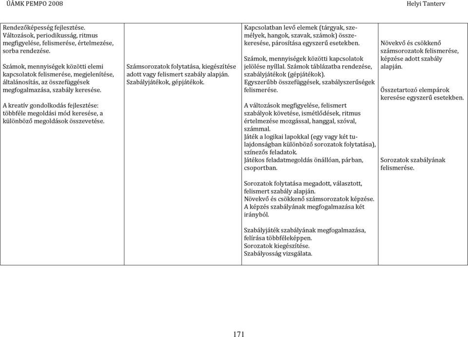 A kreatív gondolkodás fejlesztése: többféle megoldási mód keresése, a különböző megoldások összevetése. Számsorozatok folytatása, kiegészítése adott vagy felismert szabály alapján.