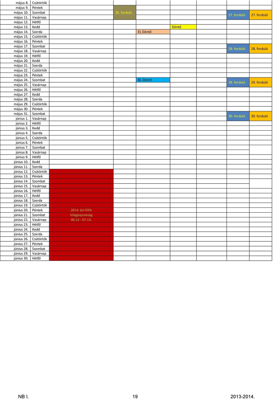 Szerda május 29. Csütörtök május 30. Péntek május 31. Szombat június 1. Vasárnap június 2. Hétfő június 3. Kedd június 4. Szerda június 5. Csütörtök június 6. Péntek június 7. Szombat június 8.