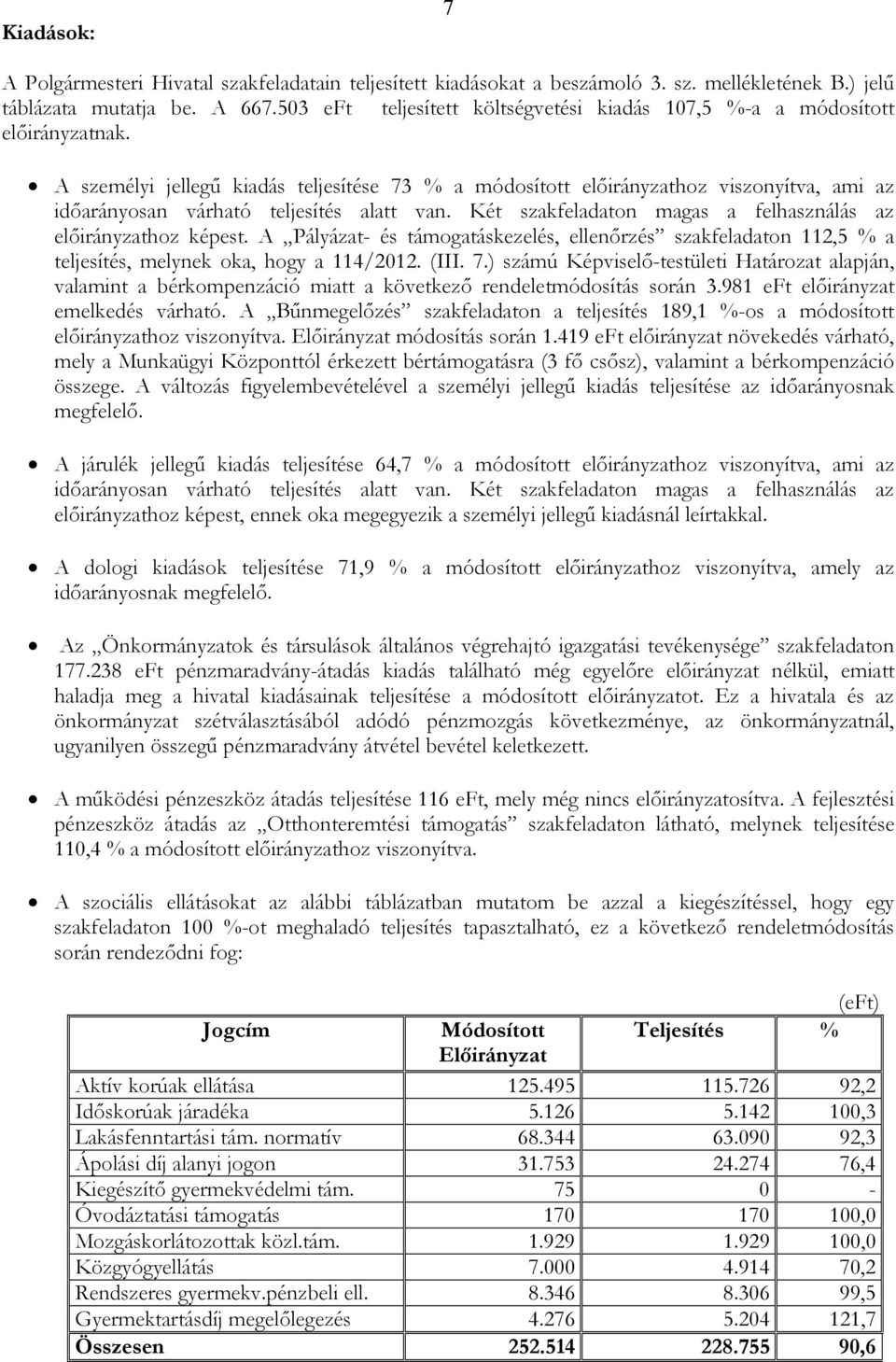 A személyi jellegő kiadás teljesítése 73 % a módosított elıirányzathoz viszonyítva, ami az idıarányosan várható teljesítés alatt van. Két szakfeladaton magas a felhasználás az elıirányzathoz képest.