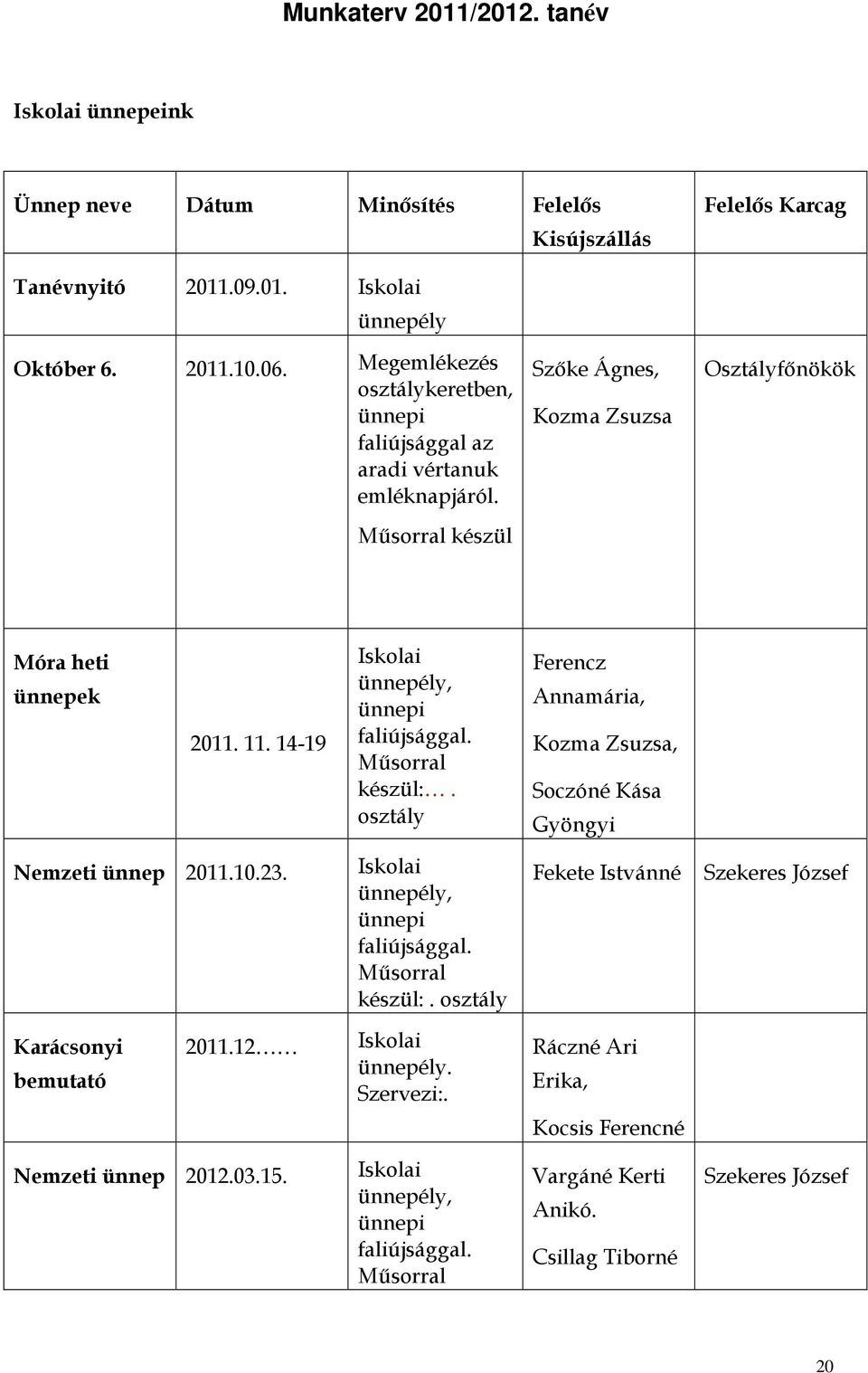 14-19 Iskolai ünnepély, ünnepi faliújsággal. Műsorral készül:. osztály Ferencz Annamária, Kozma Zsuzsa, Soczóné Kása Gyöngyi Nemzeti ünnep 2011.10.23. Iskolai ünnepély, ünnepi faliújsággal. Műsorral készül:. osztály Fekete Istvánné Szekeres József Karácsonyi bemutató 2011.