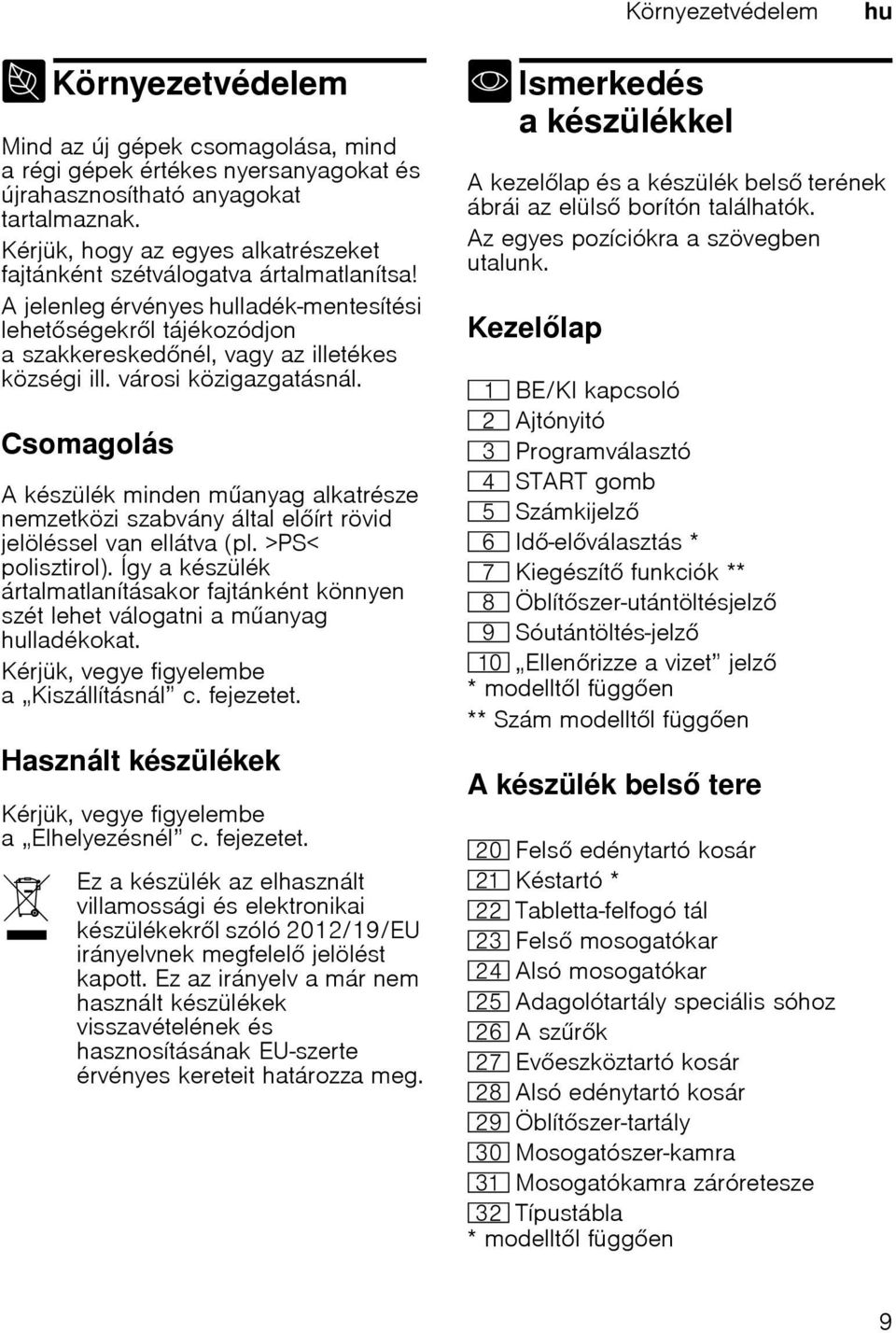 városi közigazgatásnál. Csomagolás A készülék minden manyag alkatrésze nemzetközi szabvány által elírt rövid jelöléssel van ellátva (pl. >PS< polisztirol).