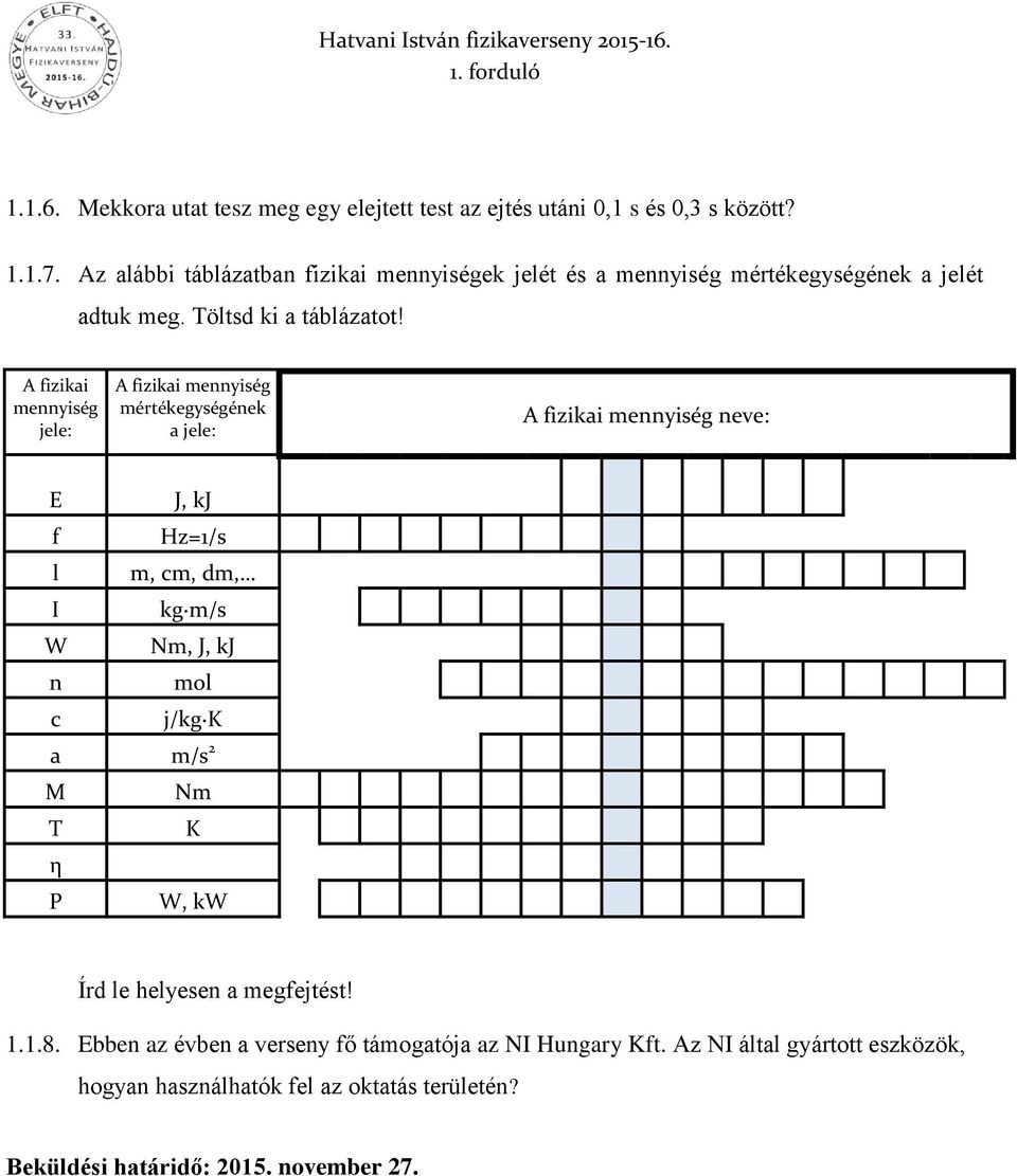 A fizikai mennyiség jele: A fizikai mennyiség mértékegységének a jele: A fizikai mennyiség neve: E J, kj f Hz=1/s l m, cm, dm, I kg m/s W Nm,