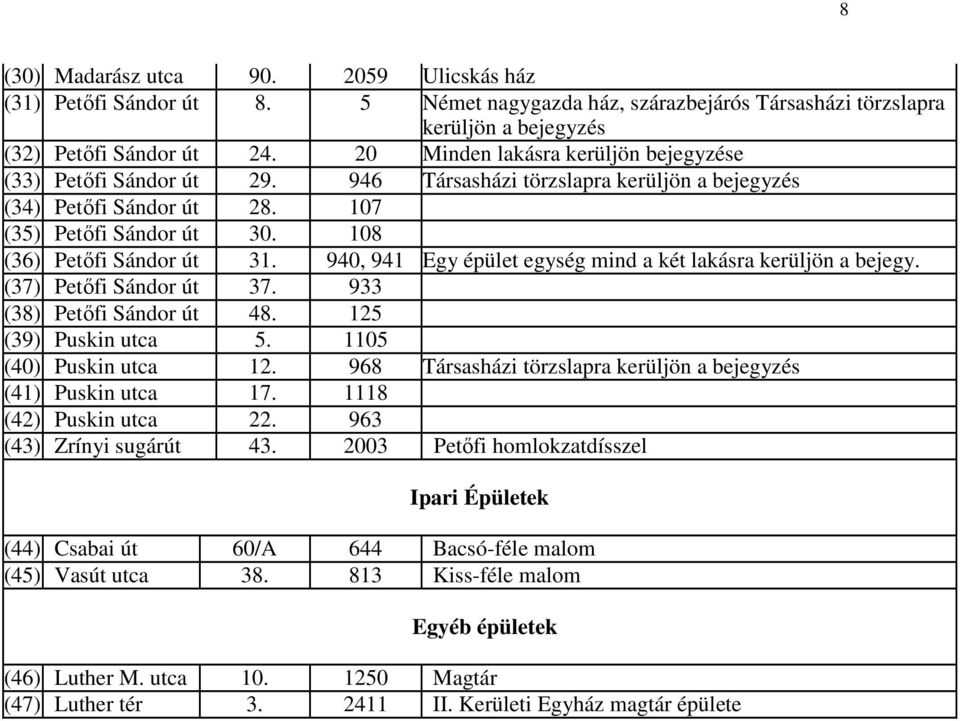 940, 941 Egy épület egység mind a két lakásra kerüljön a bejegy. (37) Petıfi Sándor út 37. 933 (38) Petıfi Sándor út 48. 125 (39) Puskin utca 5. 1105 (40) Puskin utca 12.