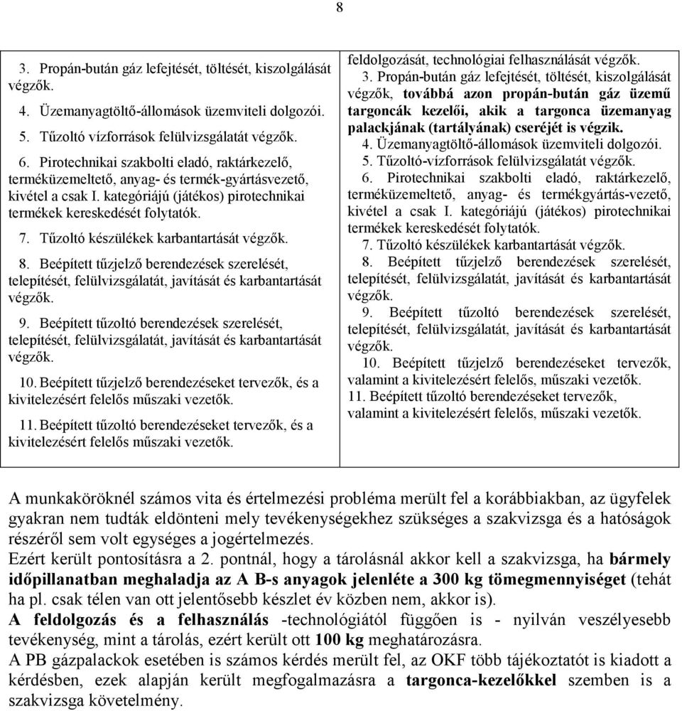 Tűzoltó készülékek karbantartását 8. Beépített tűzjelző berendezések szerelését, telepítését, felülvizsgálatát, javítását és karbantartását 9.