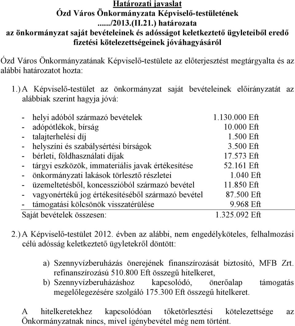 megtárgyalta és az alábbi határozatot hozta: 1.) A Képviselő-testület az önkormányzat saját bevételeinek előirányzatát az alábbiak szerint hagyja jóvá: - helyi adóból származó bevételek 1.130.