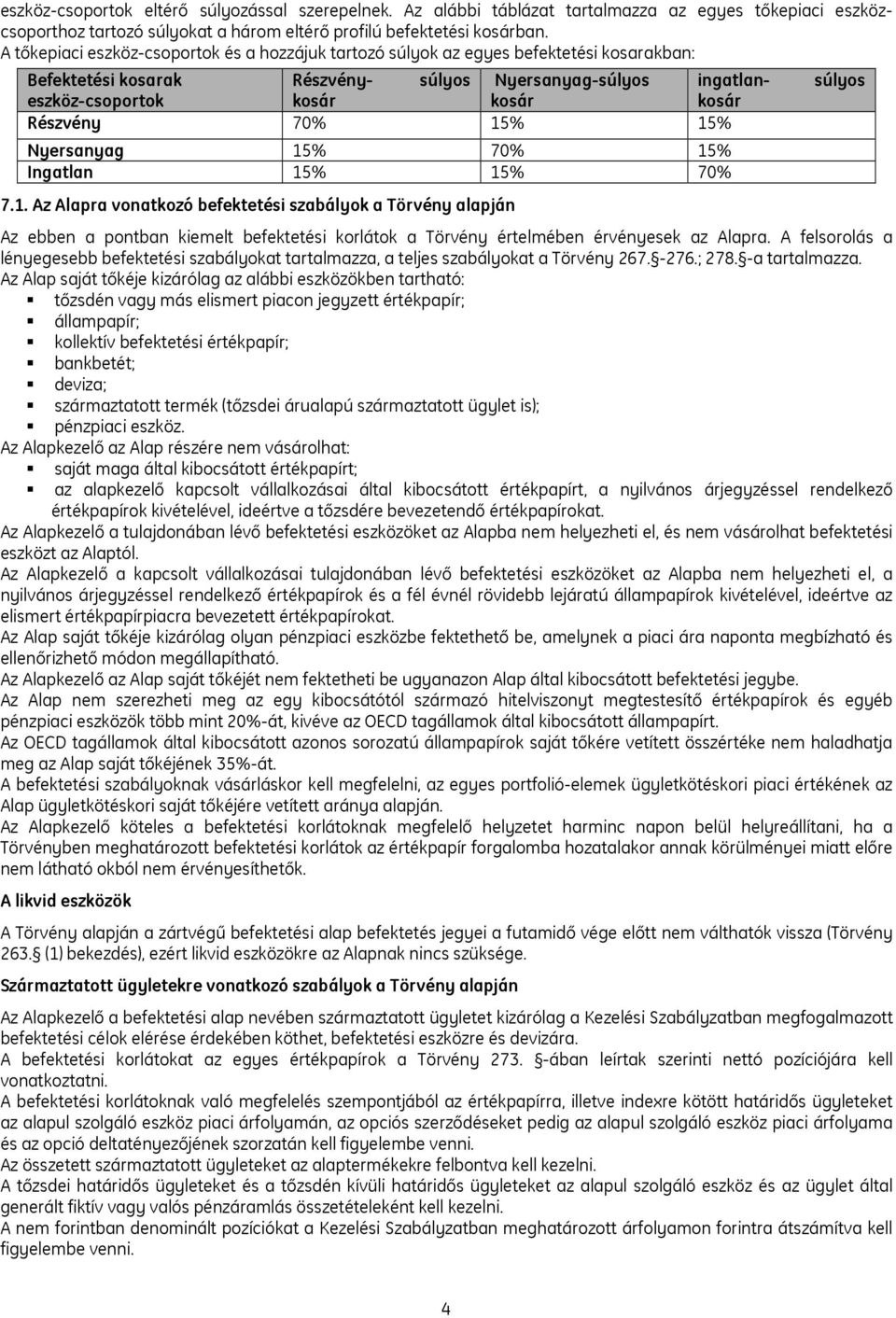 70% 15% 15% Nyersanyag 15% 70% 15% Ingatlan 15% 15% 70% súlyos 7.1. Az Alapra vonatkozó befektetési szabályok a Törvény alapján Az ebben a pontban kiemelt befektetési korlátok a Törvény értelmében érvényesek az Alapra.