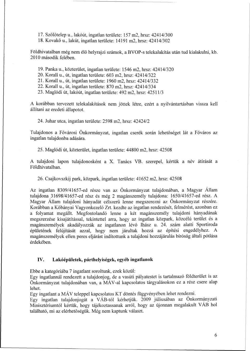 , közterület, ingatlanterülete: 1546 m2, hrsz: 42414/320 20. Korall u., út, ingatlan területe: 603 m2, hrsz: 42414/322 21. Korall u., út, ingatlan területe: 1960 m2, hrsz: 42414/332 22. Korall u., út, ingatlanterülete: 870 m2, hrsz: 42414/334 23.
