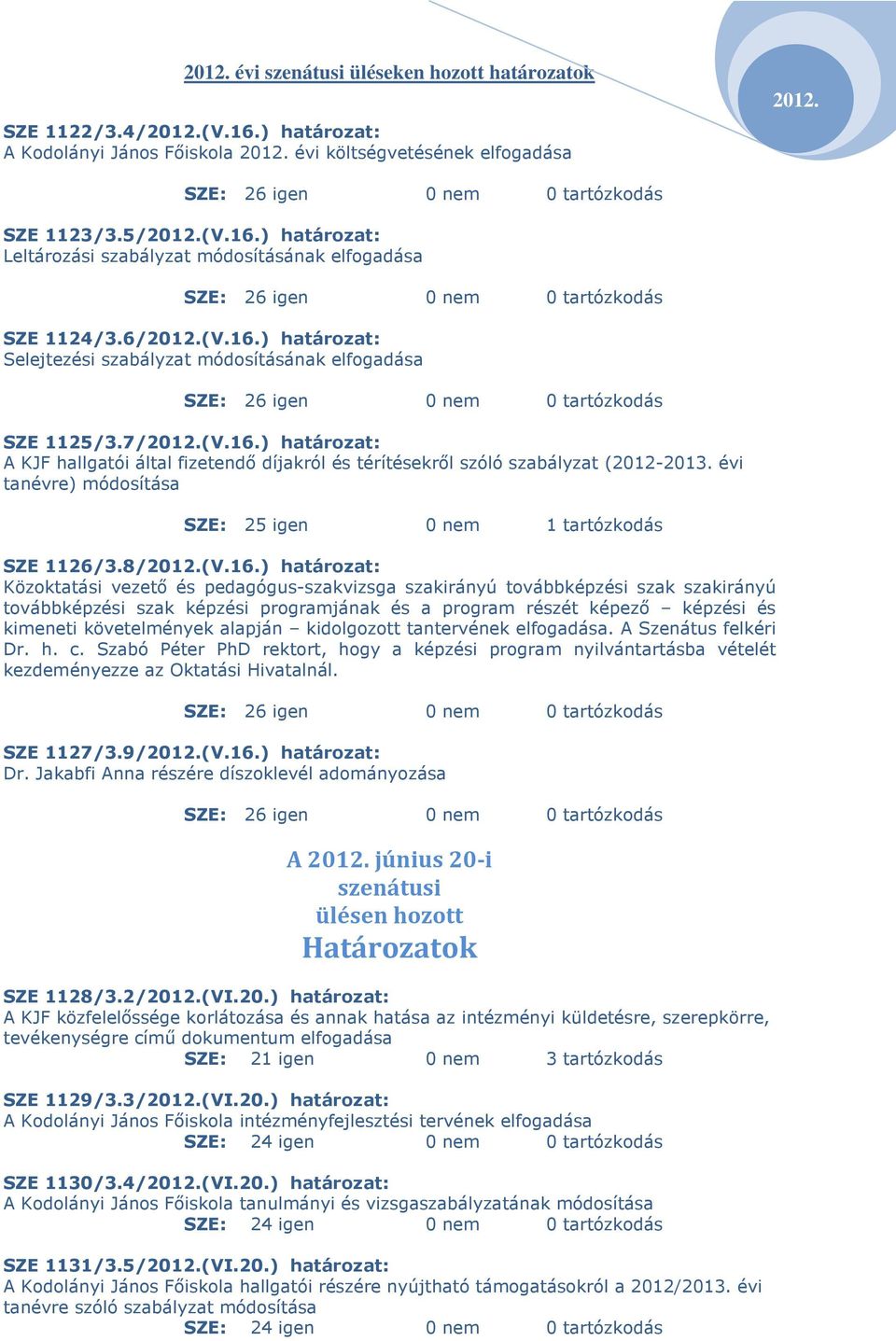 évi tanévre) módosítása SZE: 25 igen 0 nem 1 tartózkodás SZE 1126/3.8/(V.16.