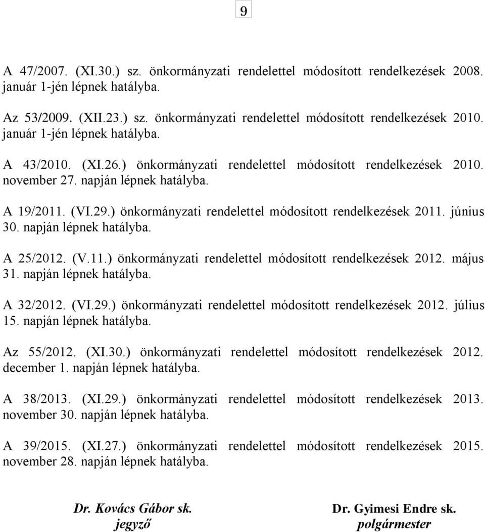 ) önkormányzati rendelettel módosított rendelkezések 2011. június 30. napján lépnek hatályba. A 25/2012. (V.11.) önkormányzati rendelettel módosított rendelkezések 2012. május 31.