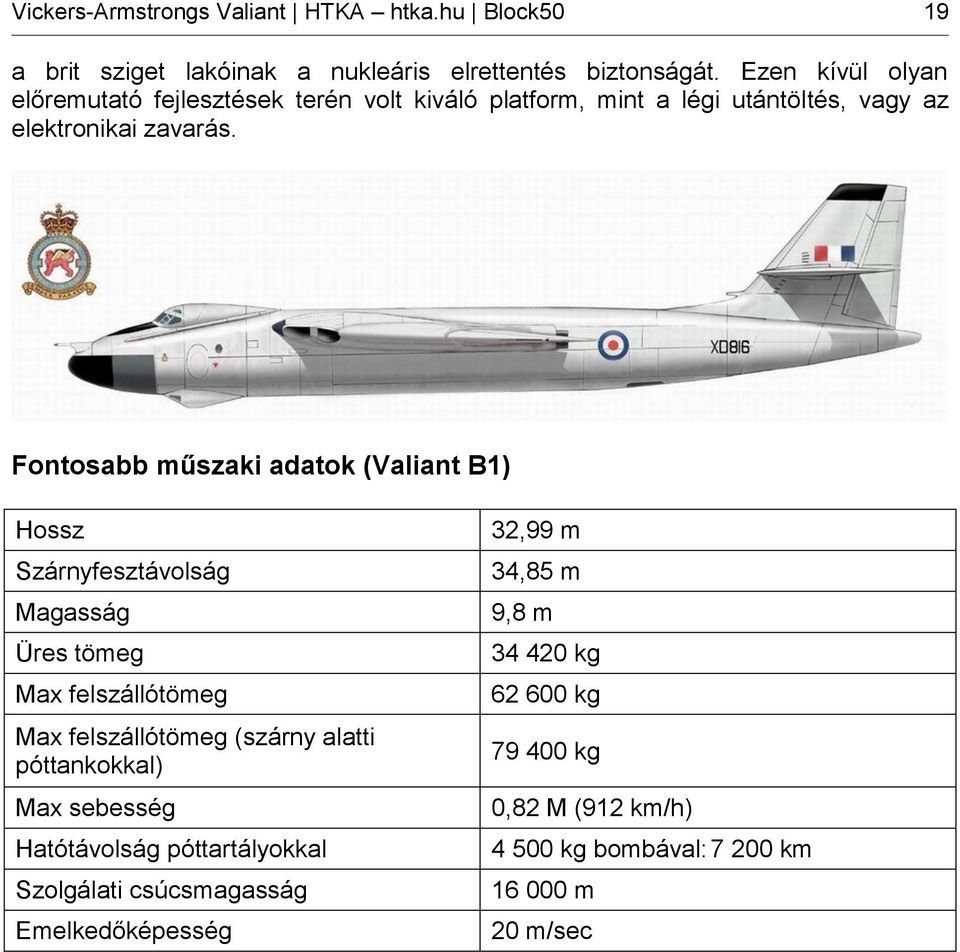 Fontosabb műszaki adatok (Valiant B1) Hossz Szárnyfesztávolság Magasság Üres tömeg Max felszállótömeg Max felszállótömeg (szárny alatti