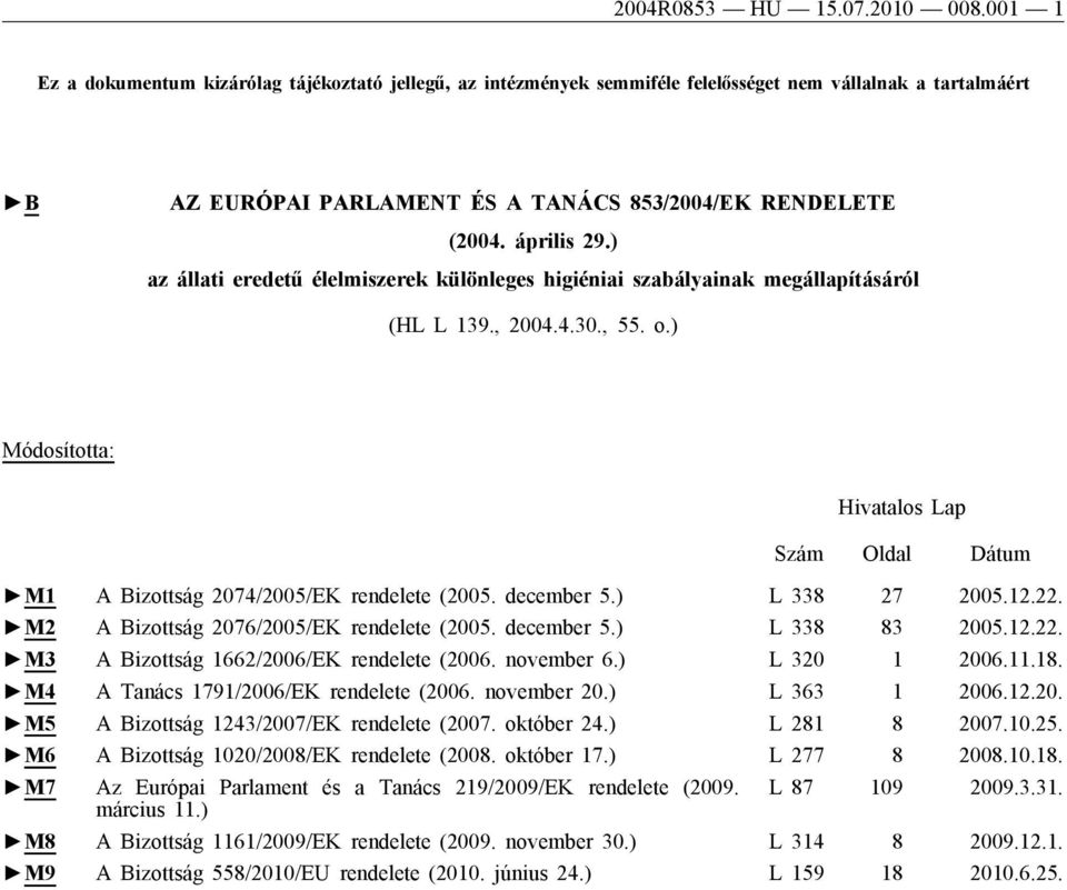 ) az állati eredetű élelmiszerek különleges higiéniai szabályainak megállapításáról (HL L 139., 2004.4.30., 55. o.