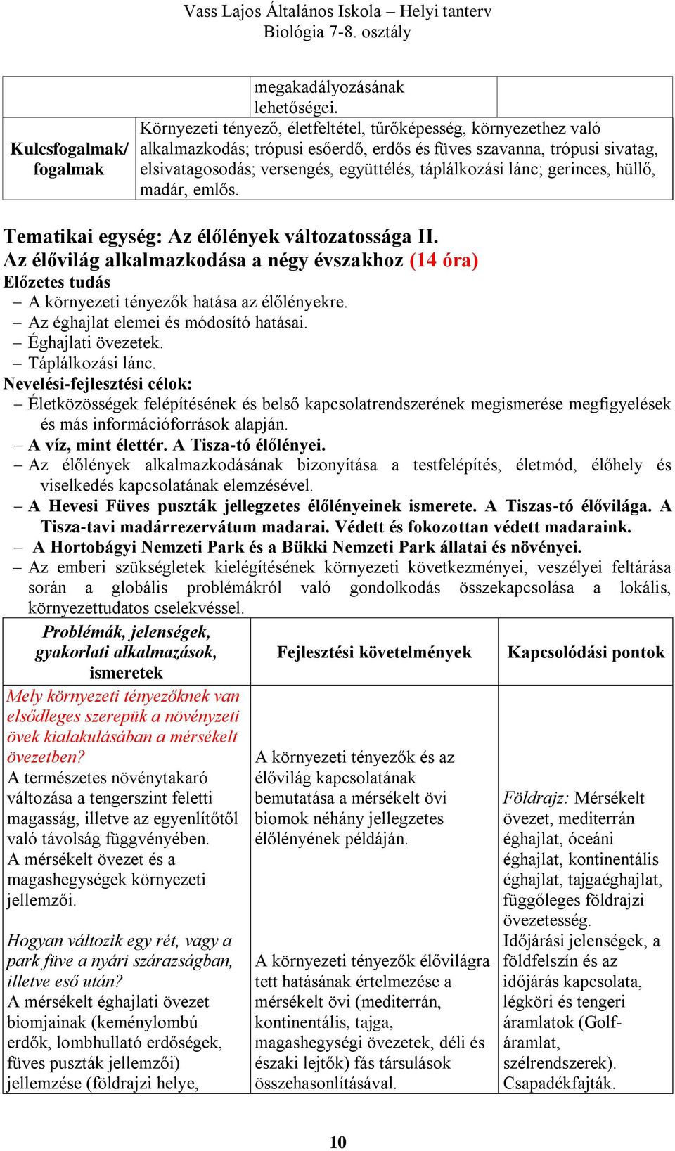 gerinces, hüllő, madár, emlős. Tematikai egység: Az élőlények változatossága II. Az élővilág alkalmazkodása a négy évszakhoz (14 óra) Előzetes tudás A környezeti tényezők hatása az élőlényekre.