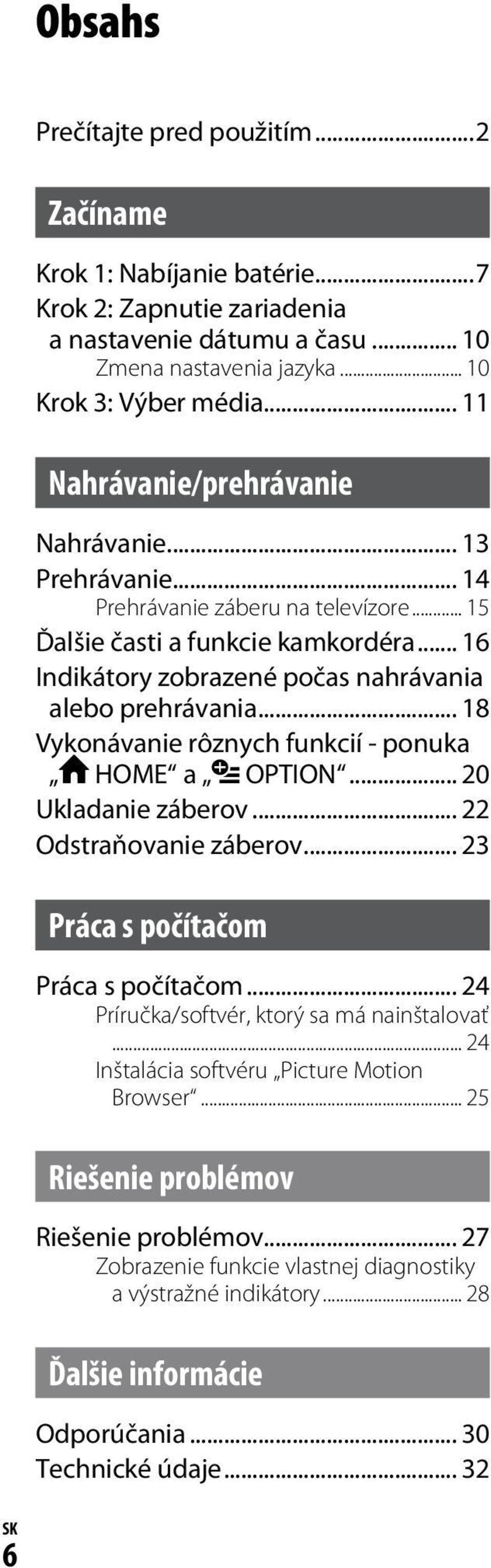 .. 18 Vykonávanie rôznych funkcií - ponuka HOME a OPTION... 20 Ukladanie záberov... 22 Odstraňovanie záberov... 23 Práca s počítačom Práca s počítačom... 24 Príručka/softvér, ktorý sa má nainštalovať.