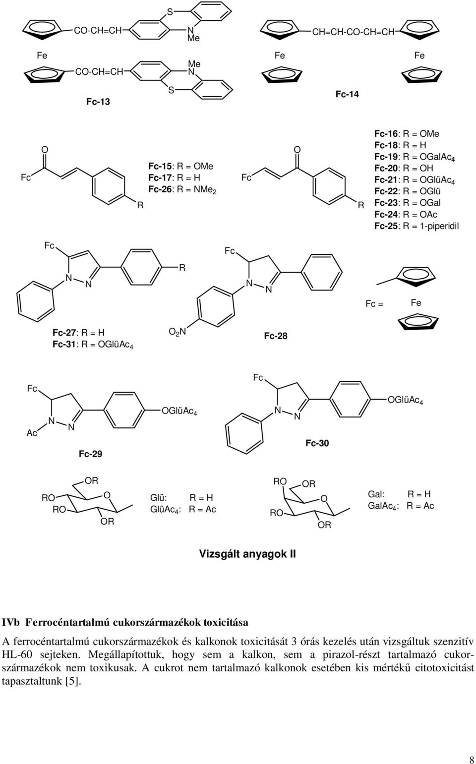 toxicitása A ferrocéntartalmú cukorszármazékok és kalkonok toxicitását 3 órás kezelés után vizsgáltuk szenzitív L-60 sejteken.
