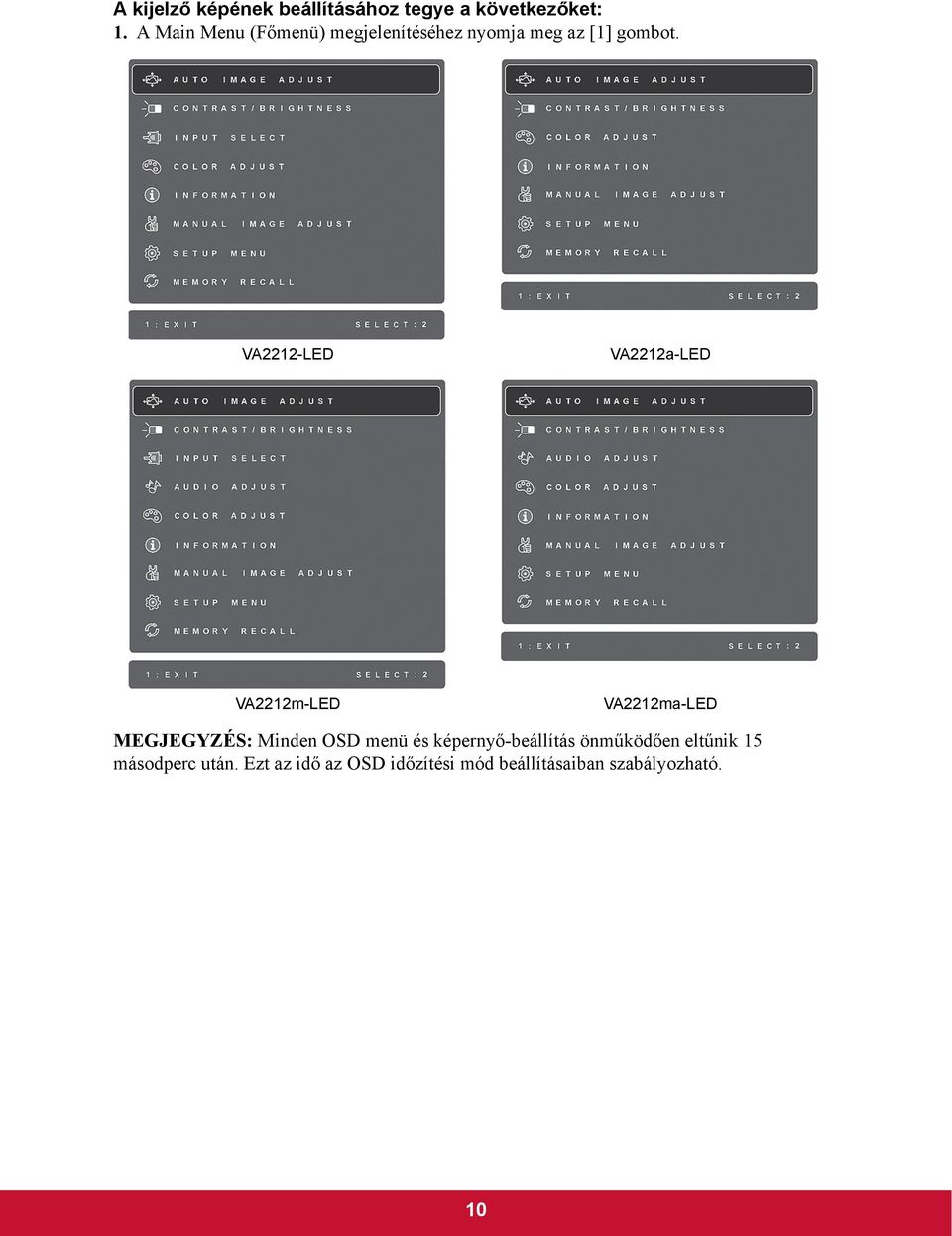 VA2212-LED VA2212a-LED VA2212m-LED VA2212ma-LED MEGJEGYZÉS: Minden OSD menü és