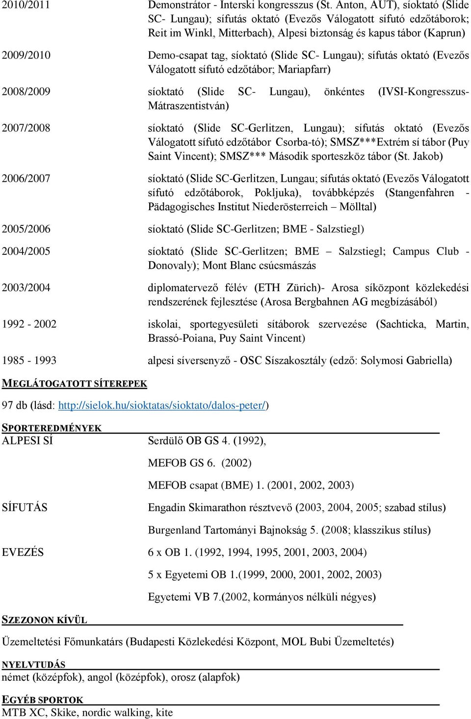 síoktató (Slide SC- Lungau); sífutás oktató (Evezős Válogatott sífutó edzőtábor; Mariapfarr) 2008/2009 síoktató (Slide SC- Lungau), önkéntes (IVSI-Kongresszus- Mátraszentistván) 2007/2008 síoktató