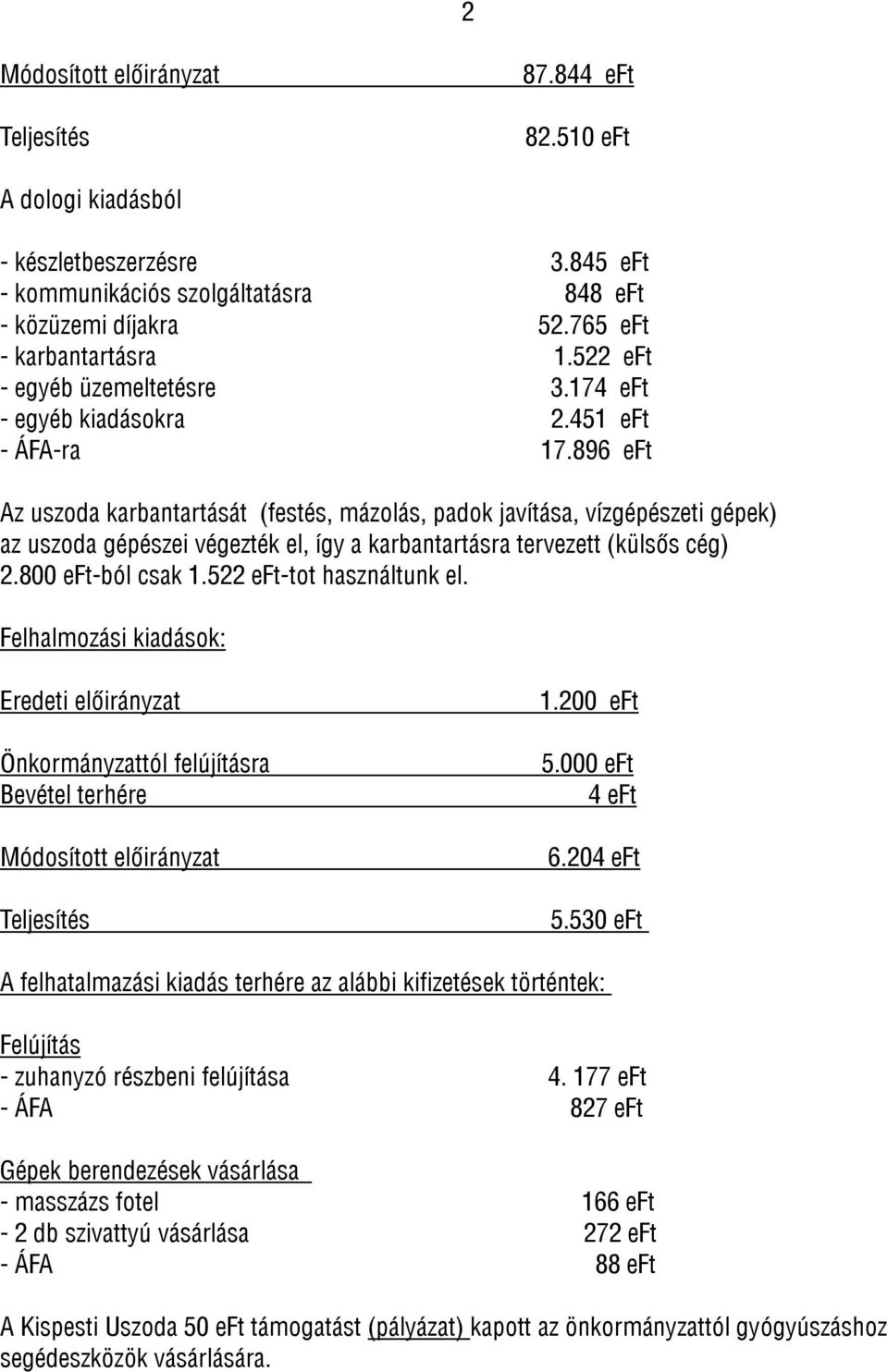 896 eft Az uszoda karbantartását (festés, mázolás, padok javítása, vízgépészeti gépek) az uszoda gépészei végezték el, így a karbantartásra tervezett (külsős cég) 2.800 eft-ból csak 1.