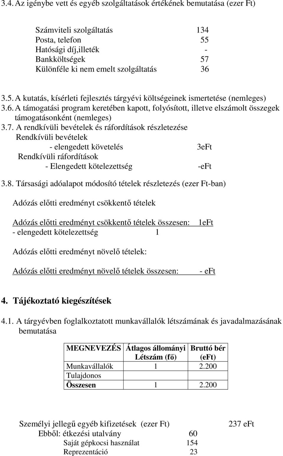 A rendkívüli bevételek és ráfordítások részletezése Rendkívüli bevételek - elengedett követelés 3eFt Rendkívüli ráfordítások - Elengedett kötelezettség -eft 3.8.