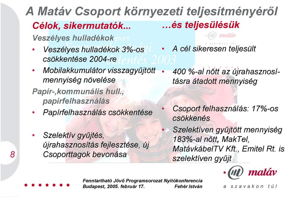 , papírfelhasználás Papírfelhasználás csökkentése Szelektív gyűjtés, újrahasznosítás fejlesztése, új Csoporttagok bevonása és teljesülésük A