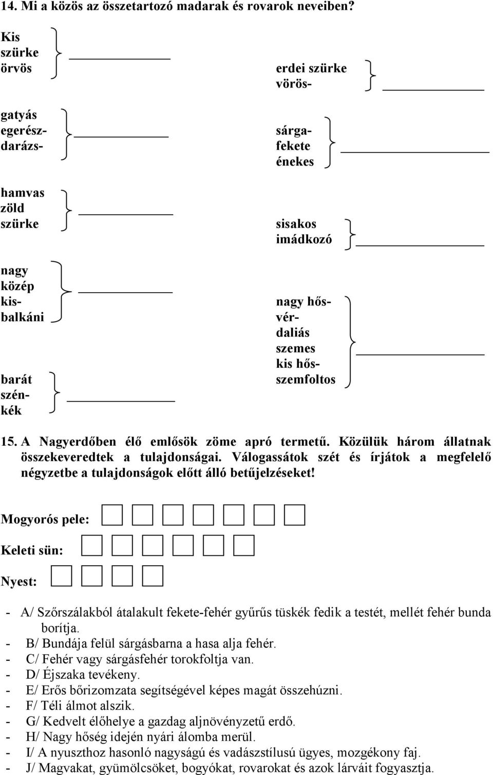 A Nagyerdőben élő emlősök zöme apró termetű. Közülük három állatnak összekeveredtek a tulajdonságai. Válogassátok szét és írjátok a megfelelő négyzetbe a tulajdonságok előtt álló betűjelzéseket!