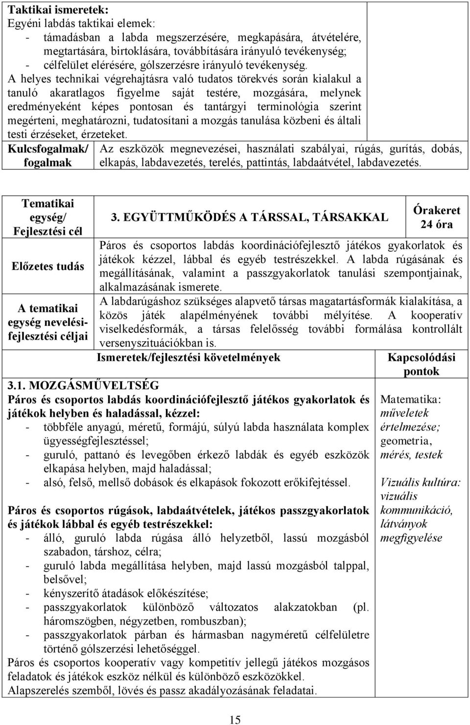 A helyes technikai végrehajtásra való tudatos törekvés során kialakul a tanuló akaratlagos figyelme saját testére, mozgására, melynek eredményeként képes pontosan és tantárgyi terminológia szerint