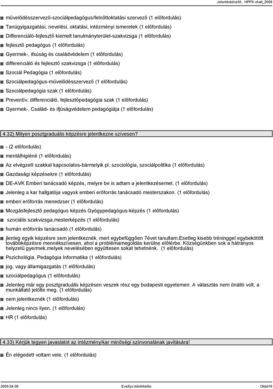 Pedagógia (1 előfordulás) Szociálpedagógus-művelődésszervező (1 előfordulás) Szociálpedagógia szak (1 előfordulás) Preventív, differenciáló, fejlesztőpedagógia szak (1 előfordulás) Gyermek-, Család-