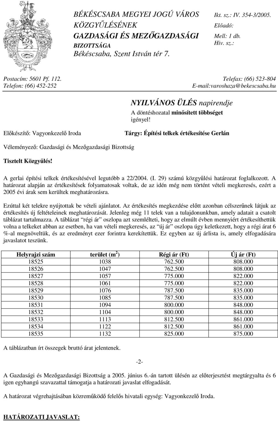 Előkészítő: Vagyonkezelő Iroda Tárgy: Építési telkek értékesítése Gerlán Véleményező: Gazdasági és Mezőgazdasági Bizottság Tisztelt Közgyűlés!