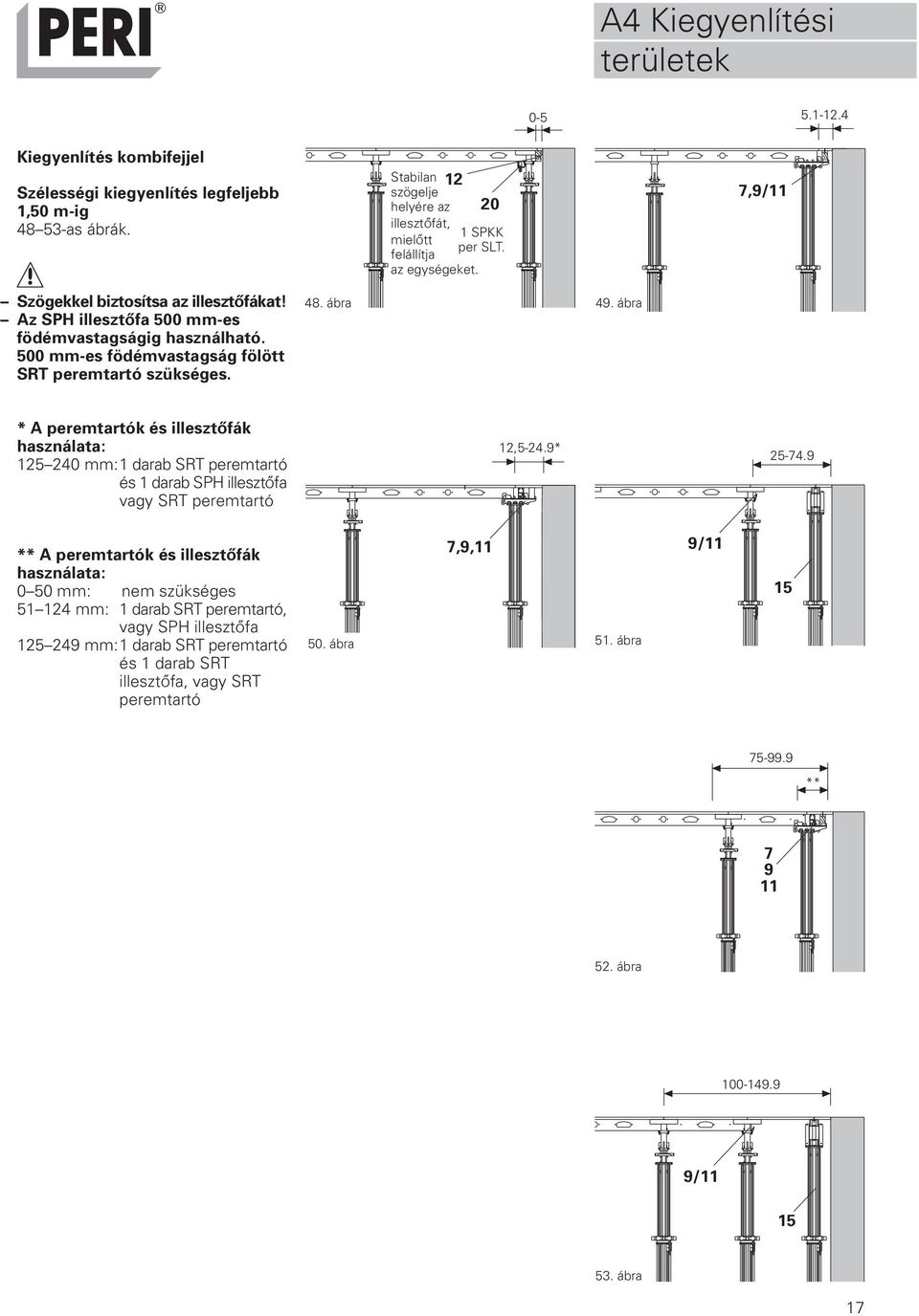 ábra * A peremtartók és illesztőfák használata: 125 240 mm:1 darab SRT peremtartó és 1 darab SPH illesztőfa vagy SRT peremtartó 12,5-24.9* 25-74.