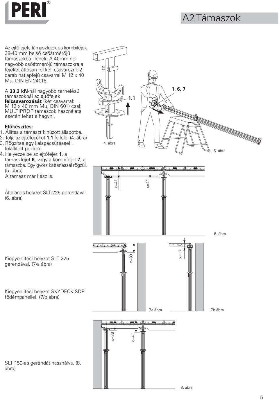 A 33,3 kn-nál nagyobb terhelésű támaszoknál az ejtőfejek felcsavarozását (két csavarral: M 12 x 40 mm Mu, DIN 601) csak MULTIPROP támaszok használata esetén lehet elhagyni. 1.1 1, 6, 7 Előkészítés: 1.