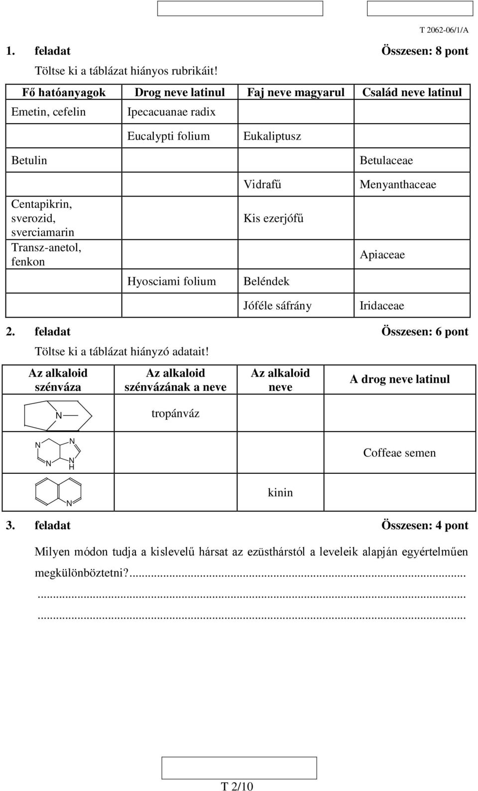 Centapikrin, sverozid, sverciamarin Transz-anetol, fenkon Kis ezerjófű Apiaceae Hyosciami folium Beléndek Jóféle sáfrány Iridaceae 2.