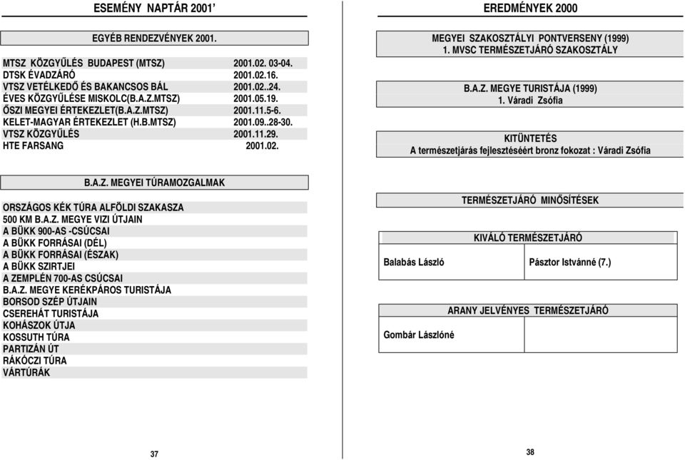 02. EREDMÉ NYEK 2000 MEGYEI SZAKOSZTÁ LYI PONTVERSENY (1999) 1. MVSC TERMÉ SZETJÁ RÓ SZAKOSZTÁ LY B.A.Z. MEGYE TURISTÁ JA (1999) 1.