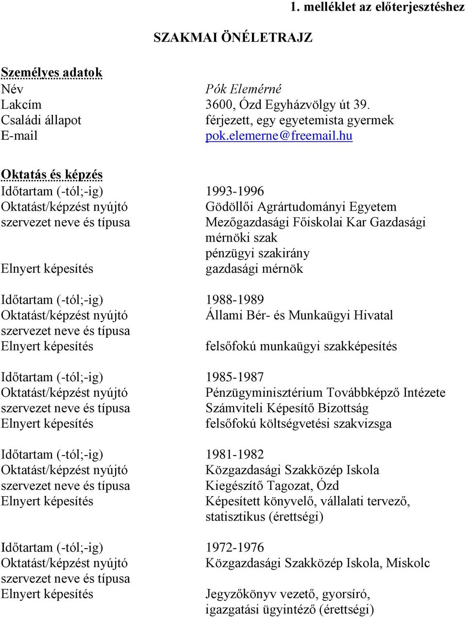 hu Oktatás és képzés Időtartam (-tól;-ig) 1993-1996 Gödöllői Agrártudományi Egyetem Mezőgazdasági Főiskolai Kar Gazdasági mérnöki szak pénzügyi szakirány gazdasági mérnök Időtartam (-tól;-ig)