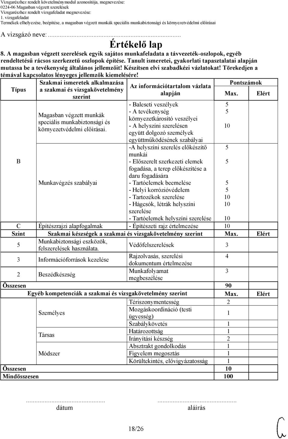 Szakmai ismeretek alkalmazása Típus a szakmai és vizsgakövetelmény szerint Magasban végzett munkák speciális munkabiztonsági és környezetvédelmi előírásai.