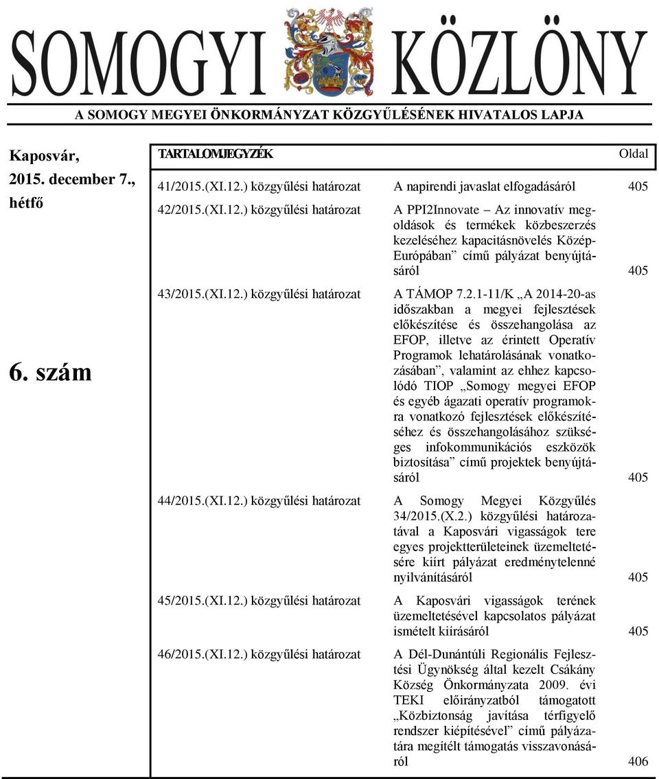 ) közgyűlési határozat 43/2015.(XI.12.