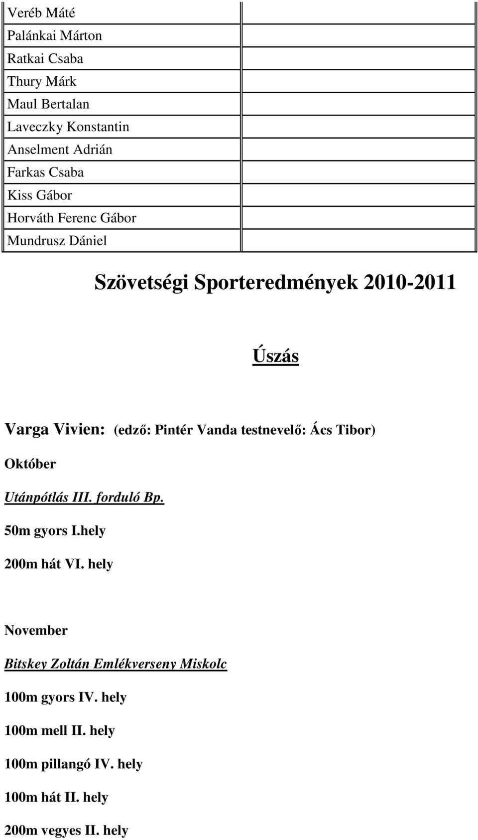 testnevelő: Ács Tibor) Október Utánpótlás III. forduló Bp. 50m gyors I.hely 200m hát VI.